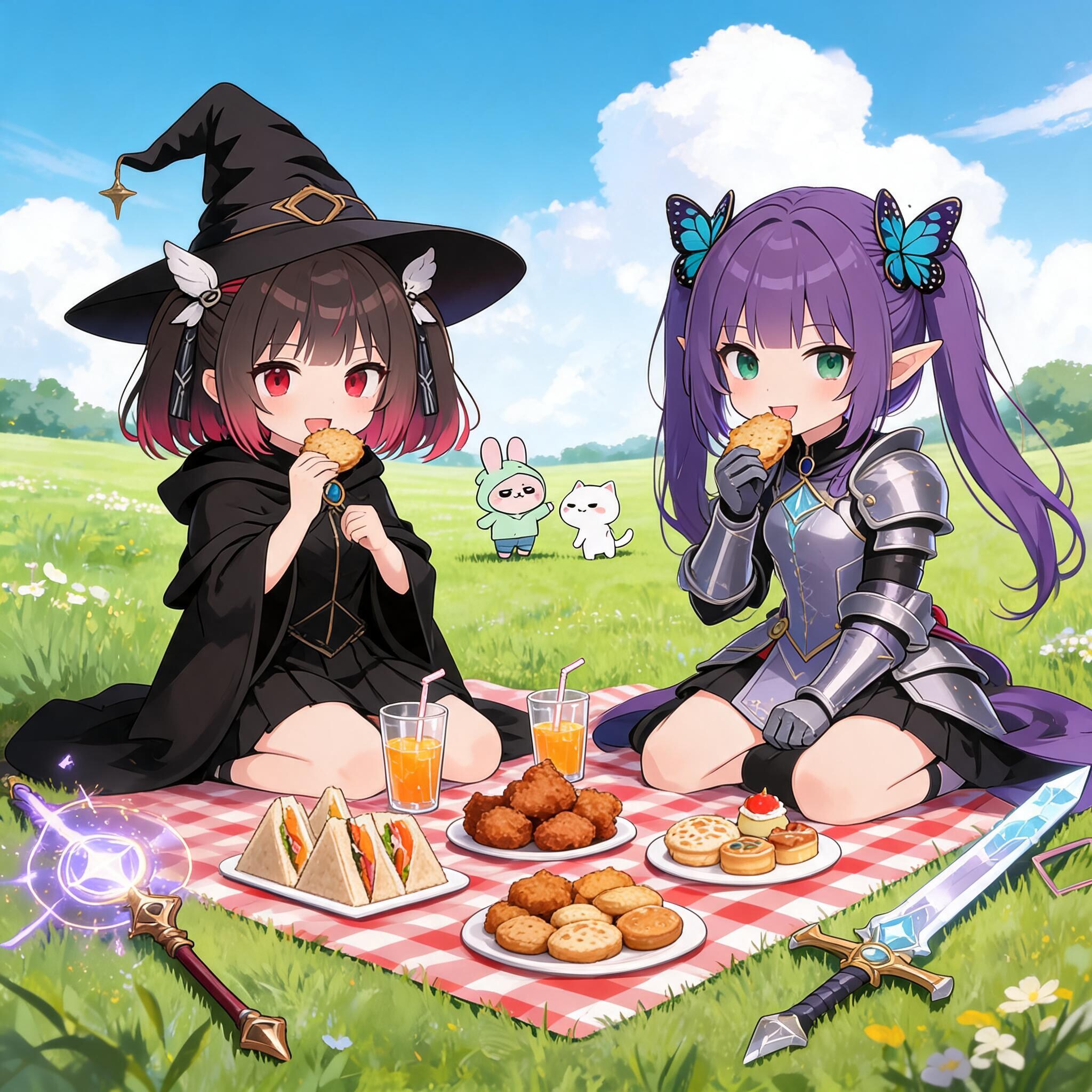 ピクニック中のミテルちゃんとすみれちゃん＋α