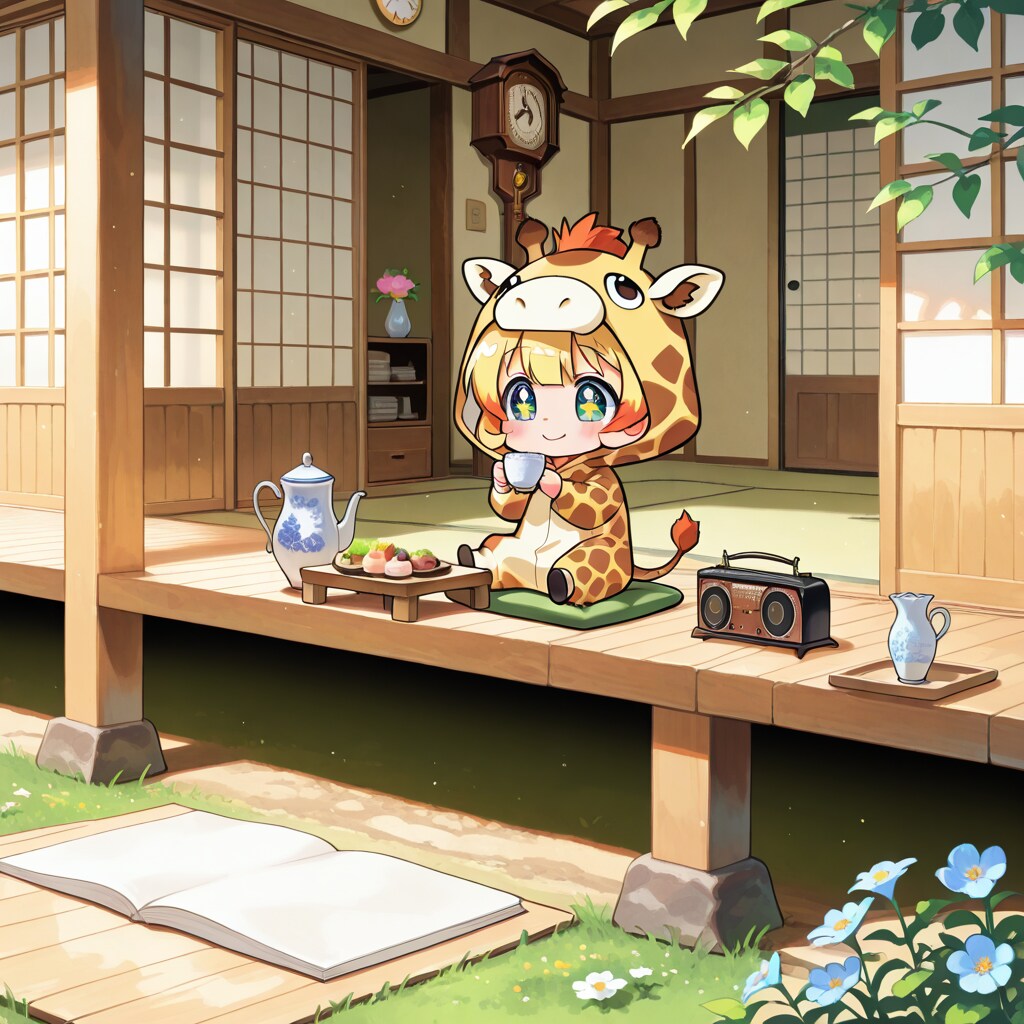 昭和レトロな畳の間でくつろぐキリン着ぐるみちび子ちゃん