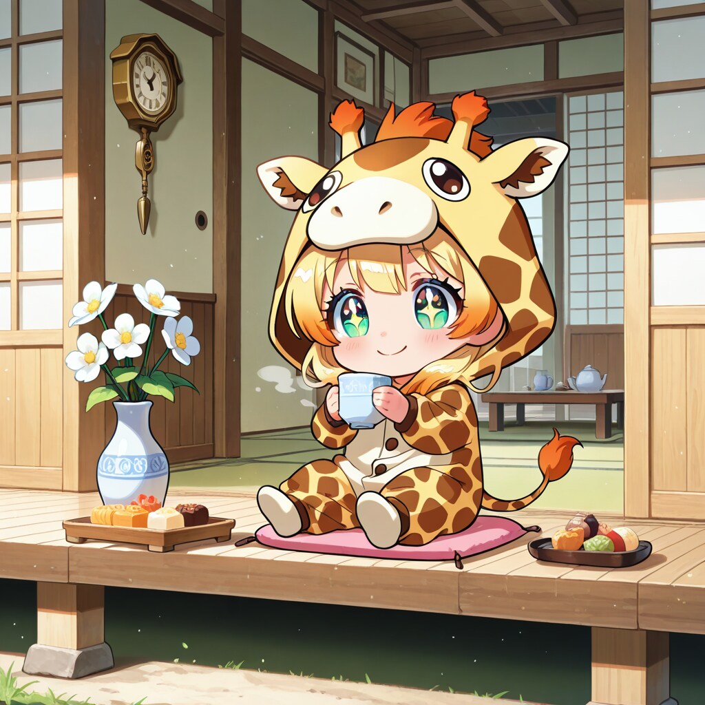 昭和レトロな畳の間でくつろぐキリン着ぐるみちび子ちゃん