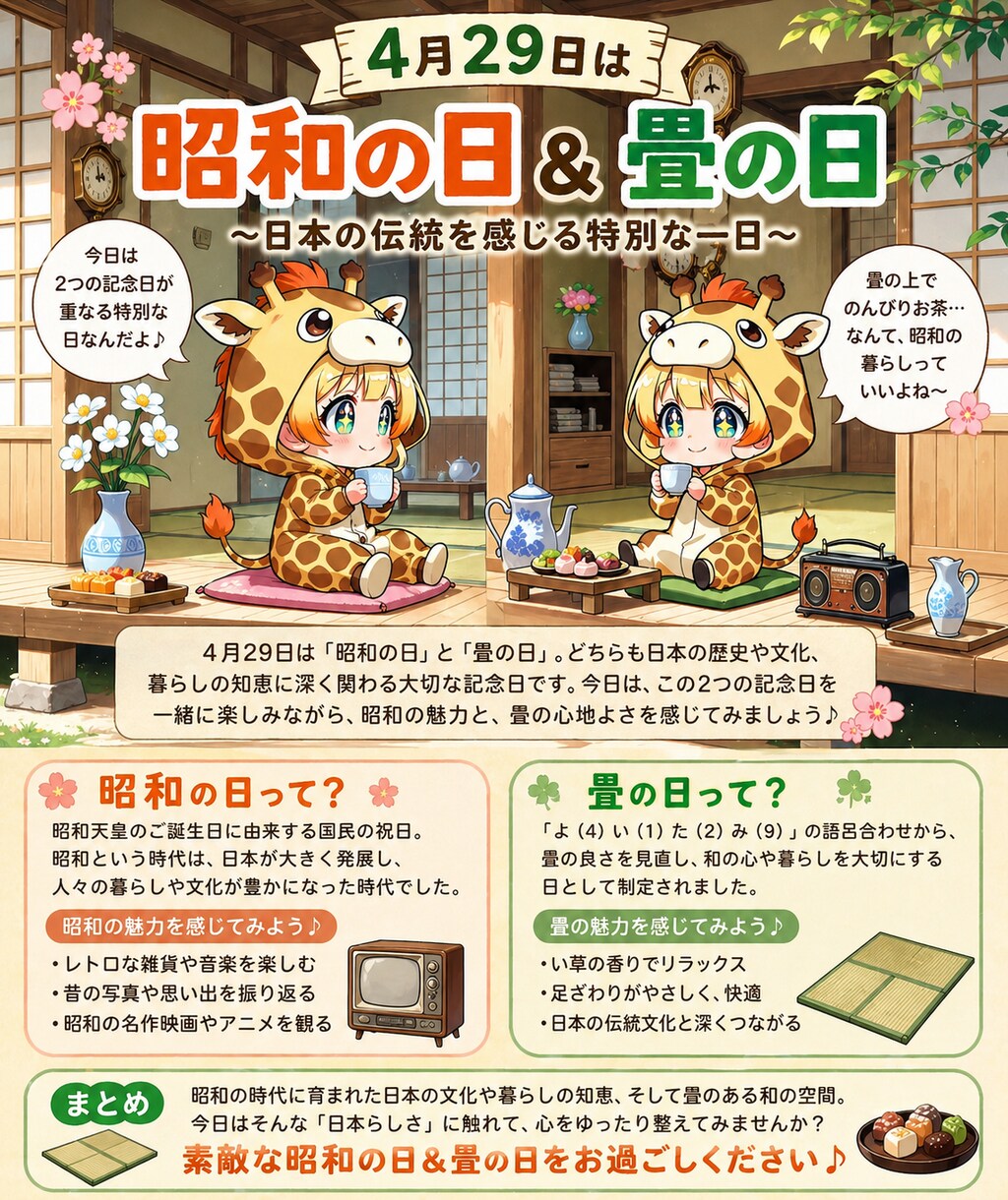 昭和レトロな畳の間でくつろぐキリン着ぐるみちび子ちゃん