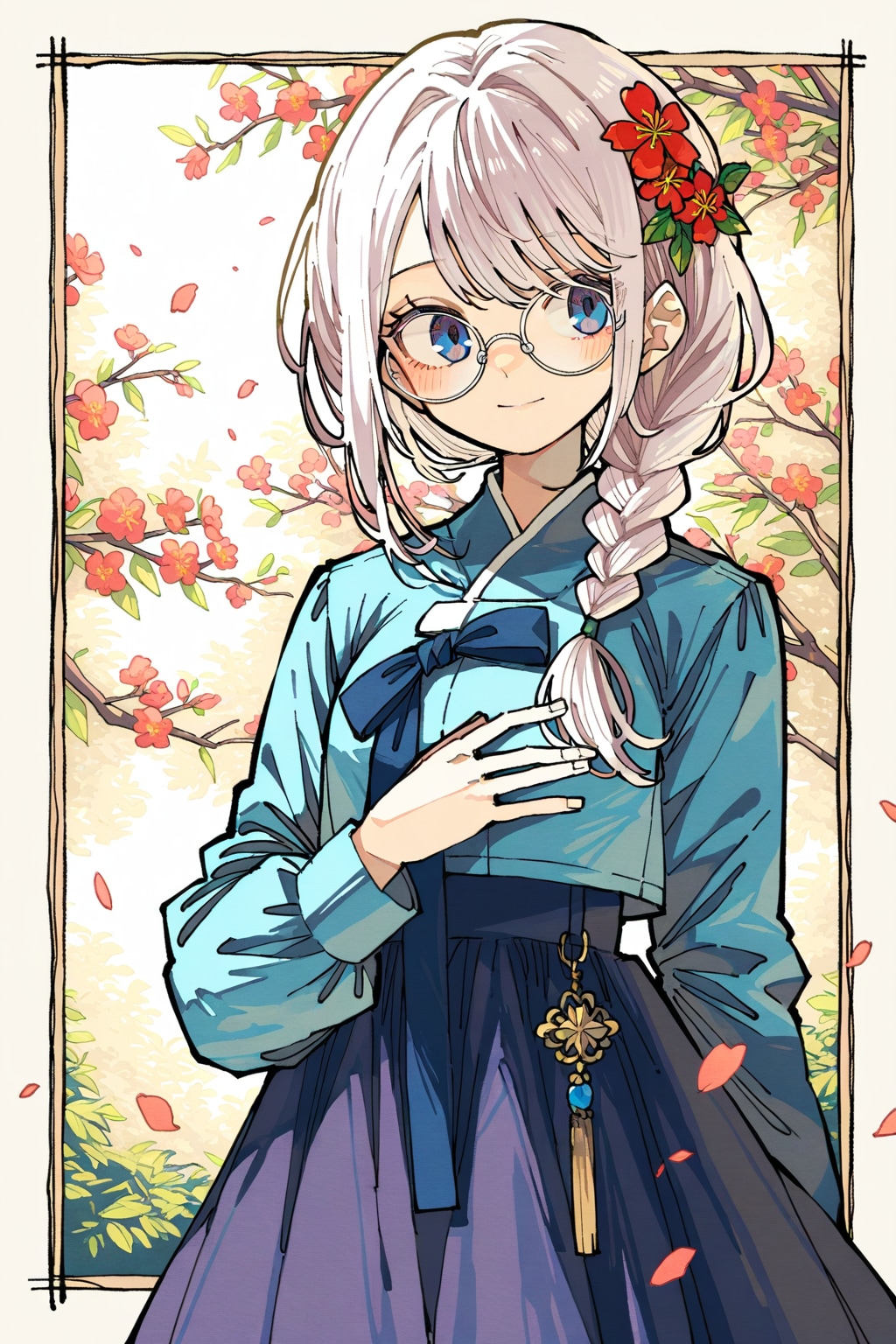 韓服眼鏡三つ編み