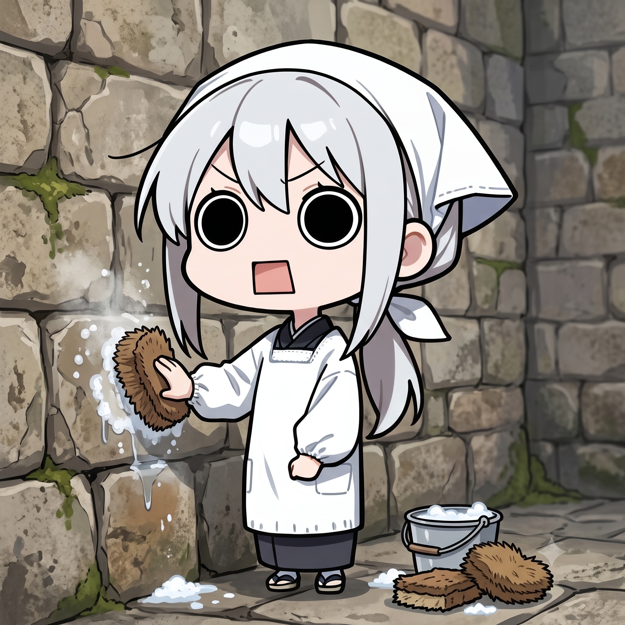 たわしで掃除するえらいこっちゃ嬢