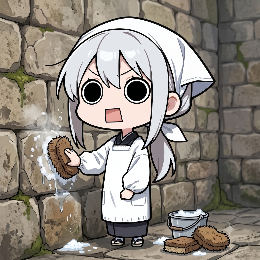 たわしで掃除するえらいこっちゃ嬢