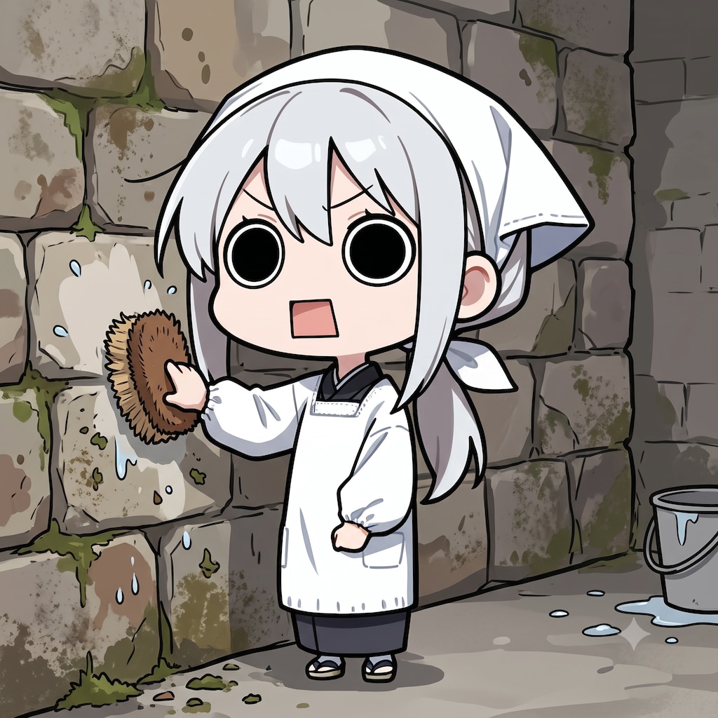たわしで掃除するえらいこっちゃ嬢