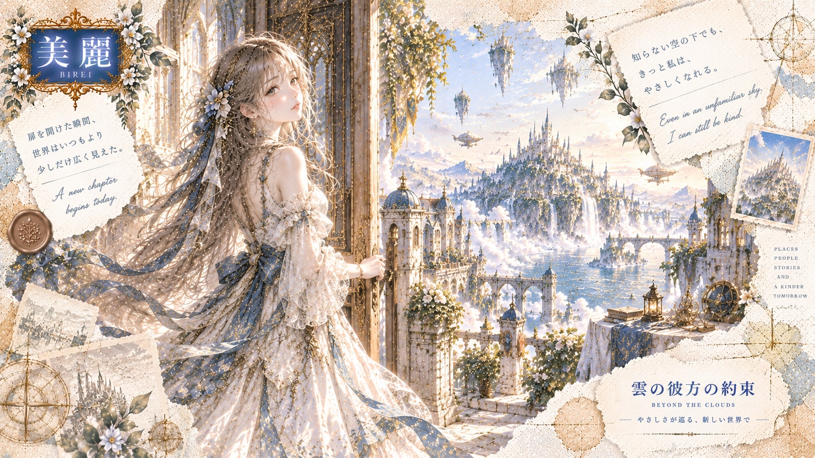 Beyond the Clouds — A Door to a Kinder World  A new chapter begins today.  The moment she opens the | の人気AIイラスト・グラビア