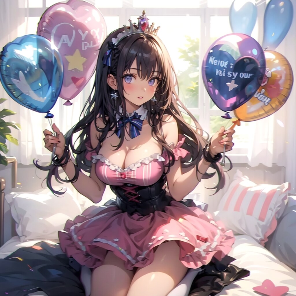 いっぱい色とりどりの風船を持つ紫髪ロングのお姫様