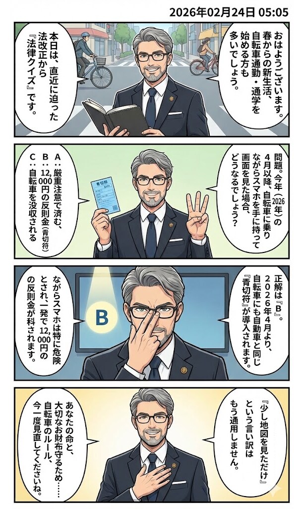 法律クイズ自転車の青切符　毎日漫画5時