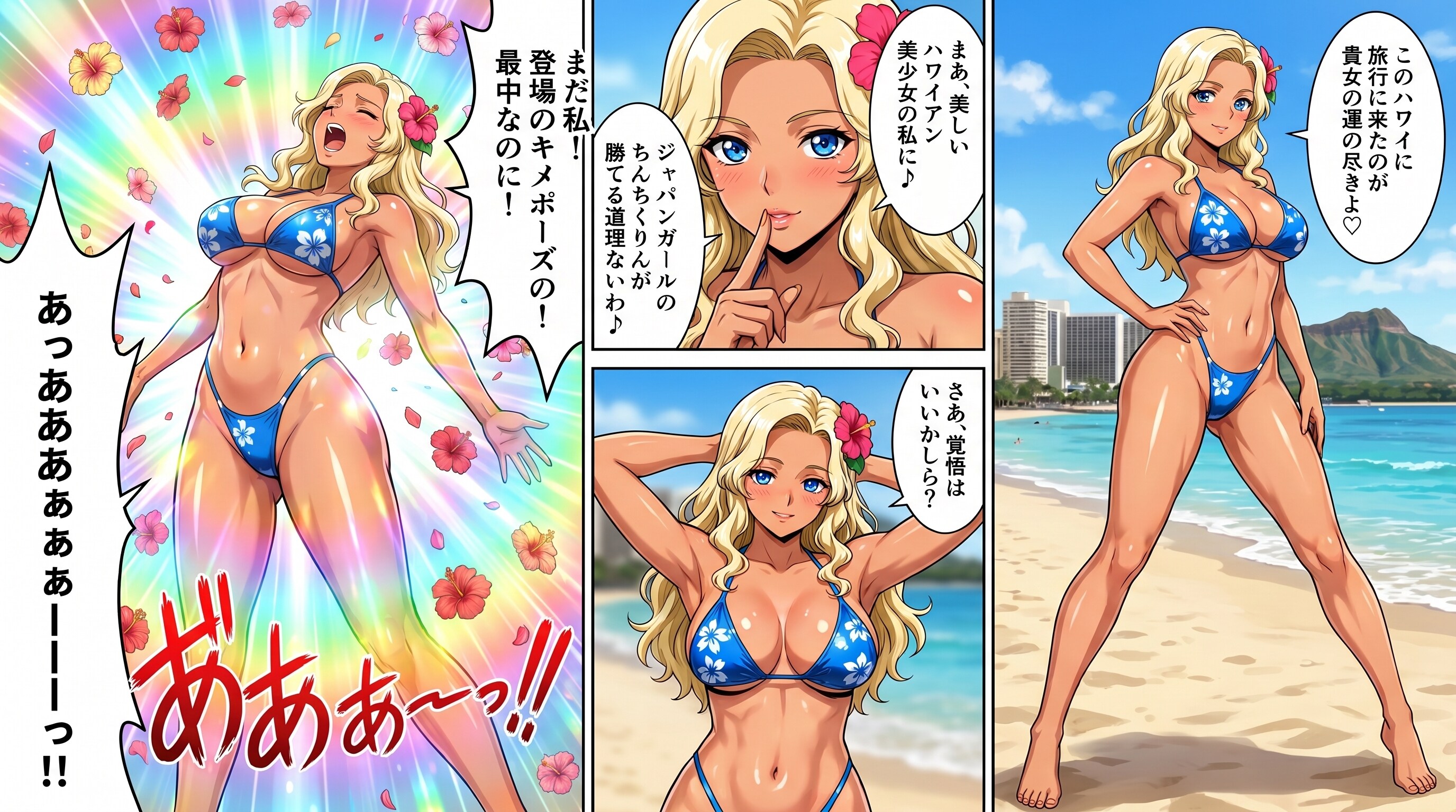 GWのハワイ旅行中、さくっと現地のビキニ女戦闘員を倒す！正義の美少女戦士達！・・名乗りの登場セクシーキメポーズの最中💦問答無用の正義の必殺技で倒されワイキキビーチの藻屑と消える現地女戦闘員💦