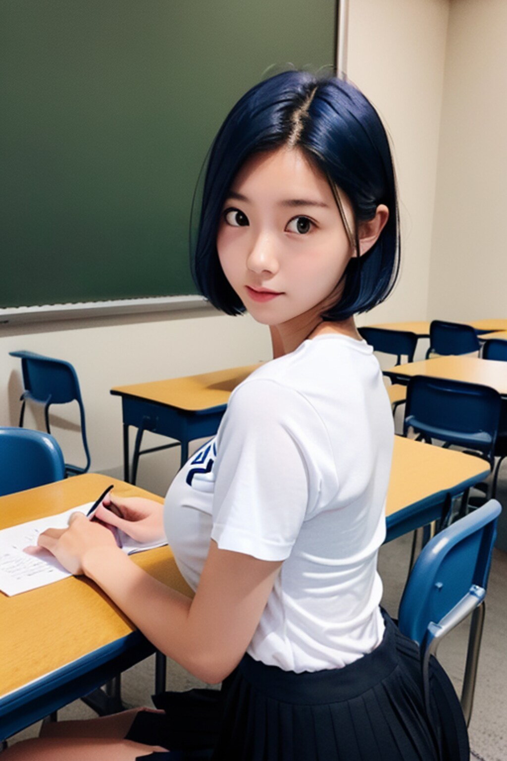 教室の青髪女子高生(巨乳)