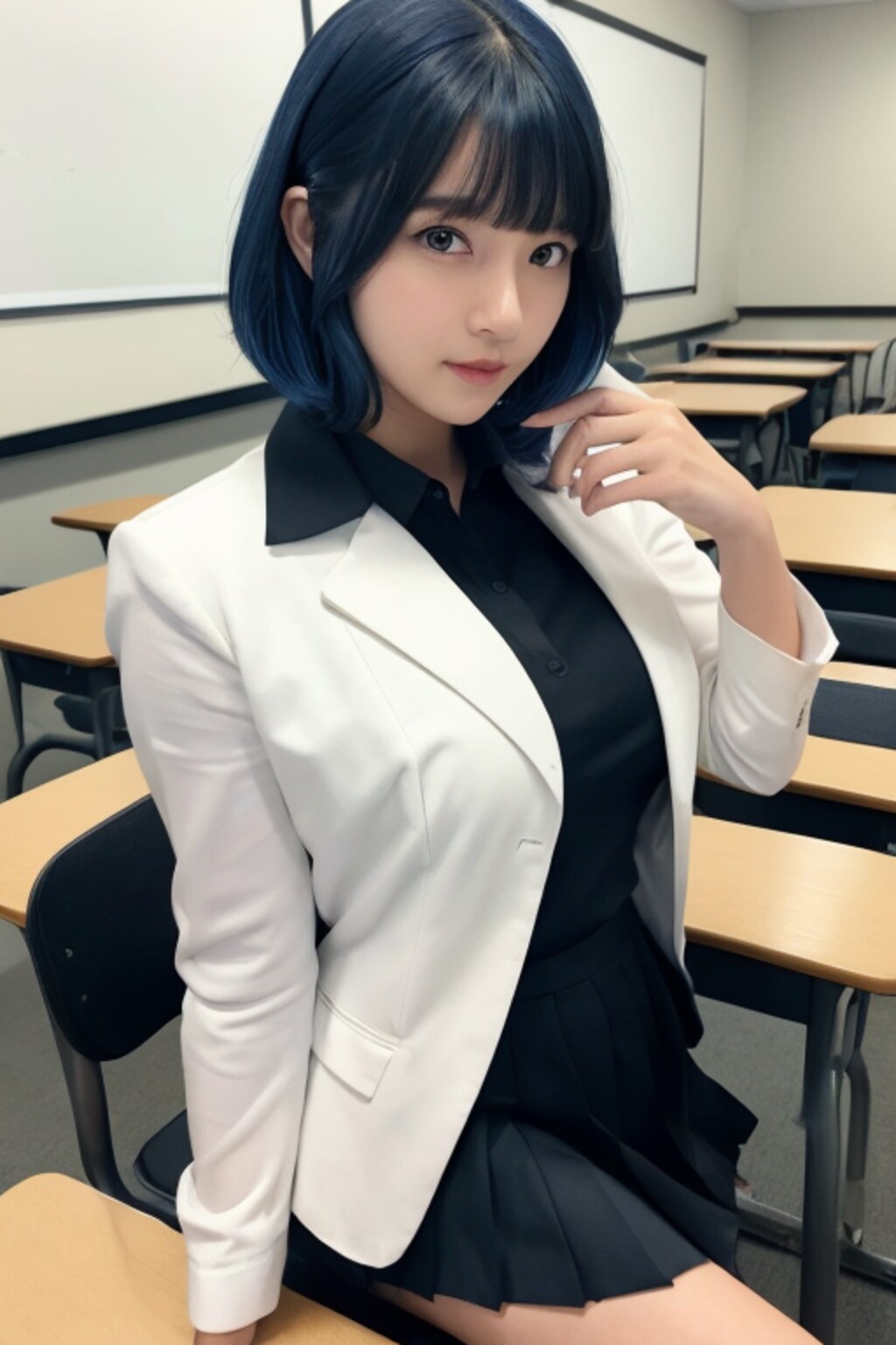 教室の青髪女子高生(巨乳)