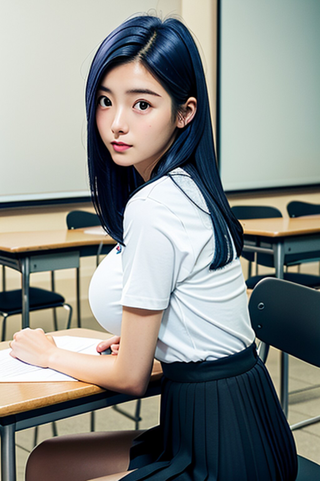 教室の青髪女子高生(巨乳)