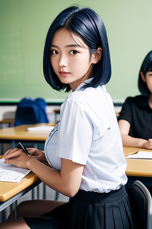 教室の青髪女子高生(巨乳)