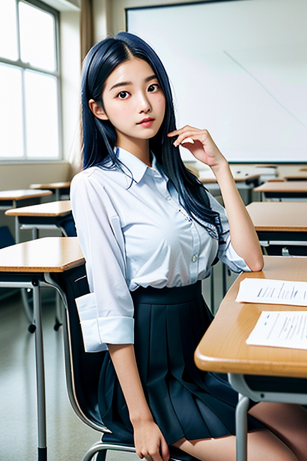 教室の青髪女子高生(巨乳)