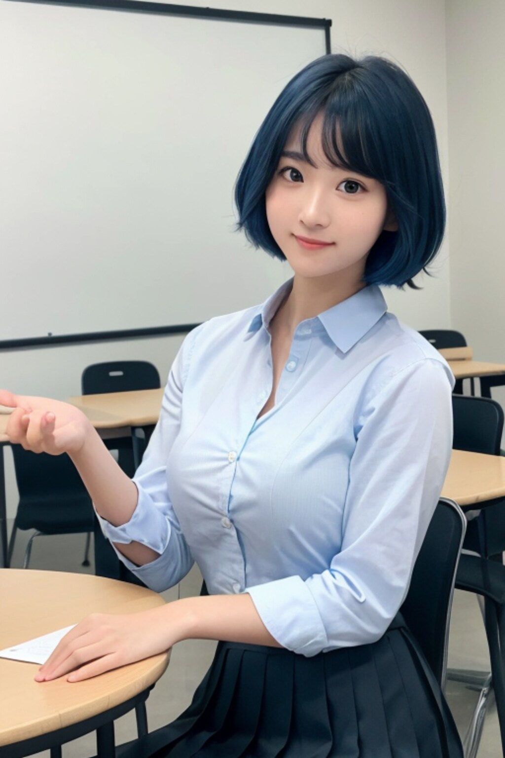 教室の青髪女子高生(巨乳)
