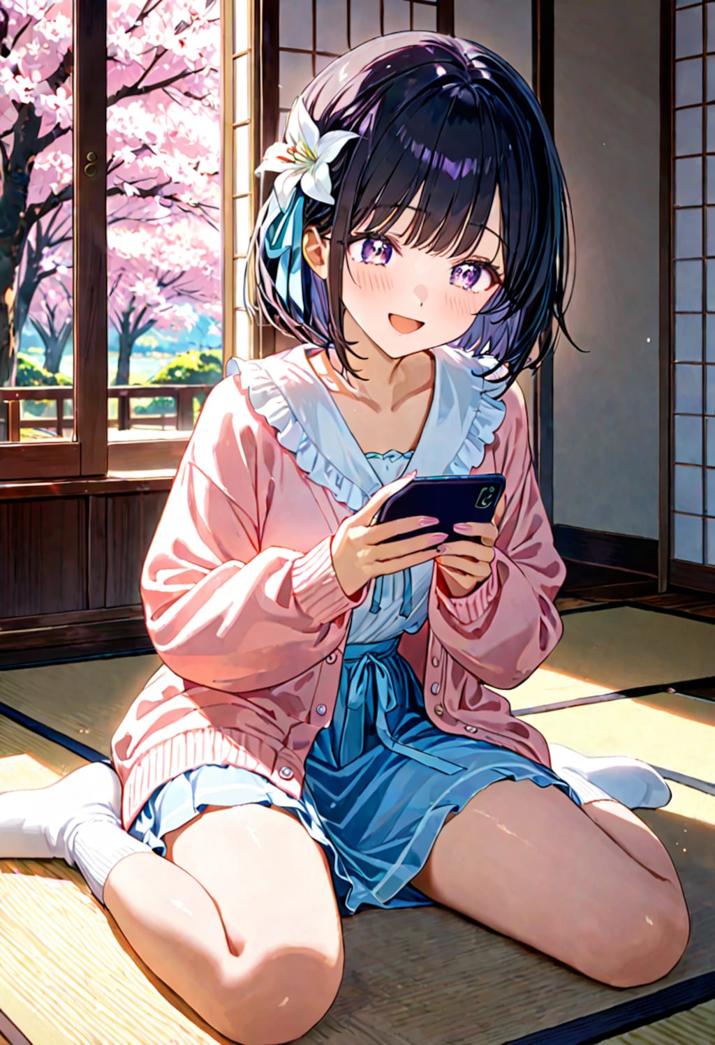 夕暮れの公園でスマホをいじるひまり