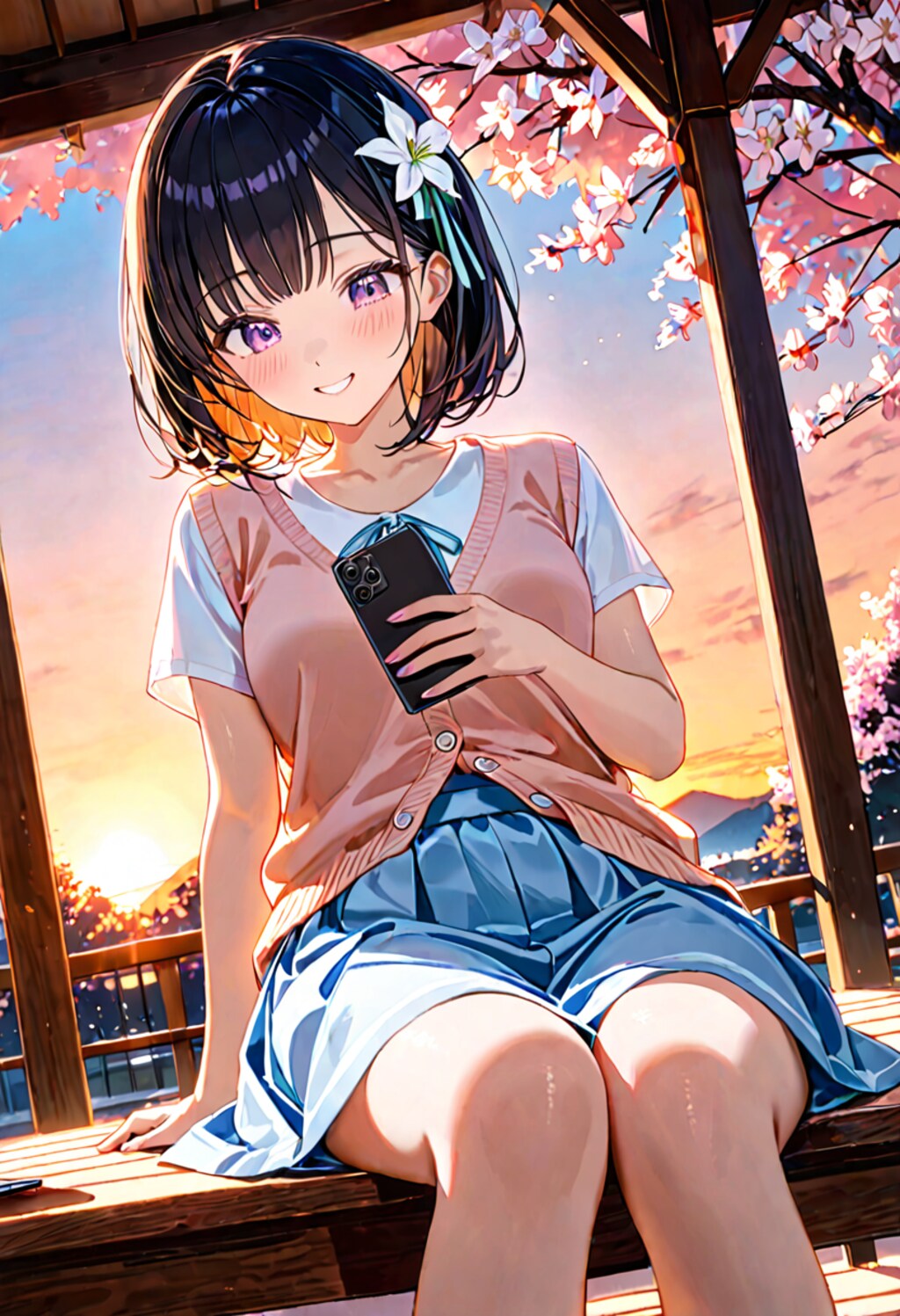 夕暮れの公園でスマホをいじるひまり