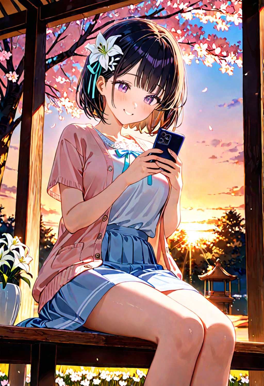 夕暮れの公園でスマホをいじるひまり