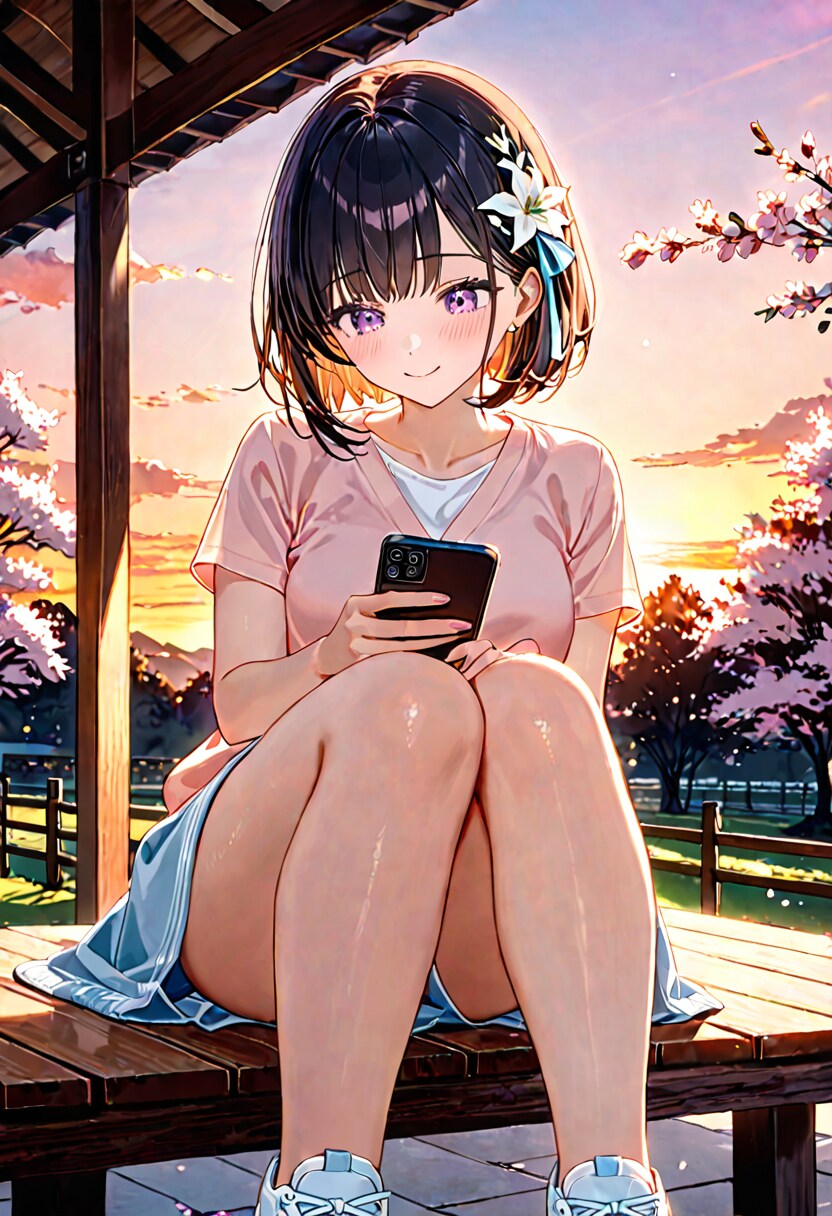 夕暮れの公園でスマホをいじるひまり