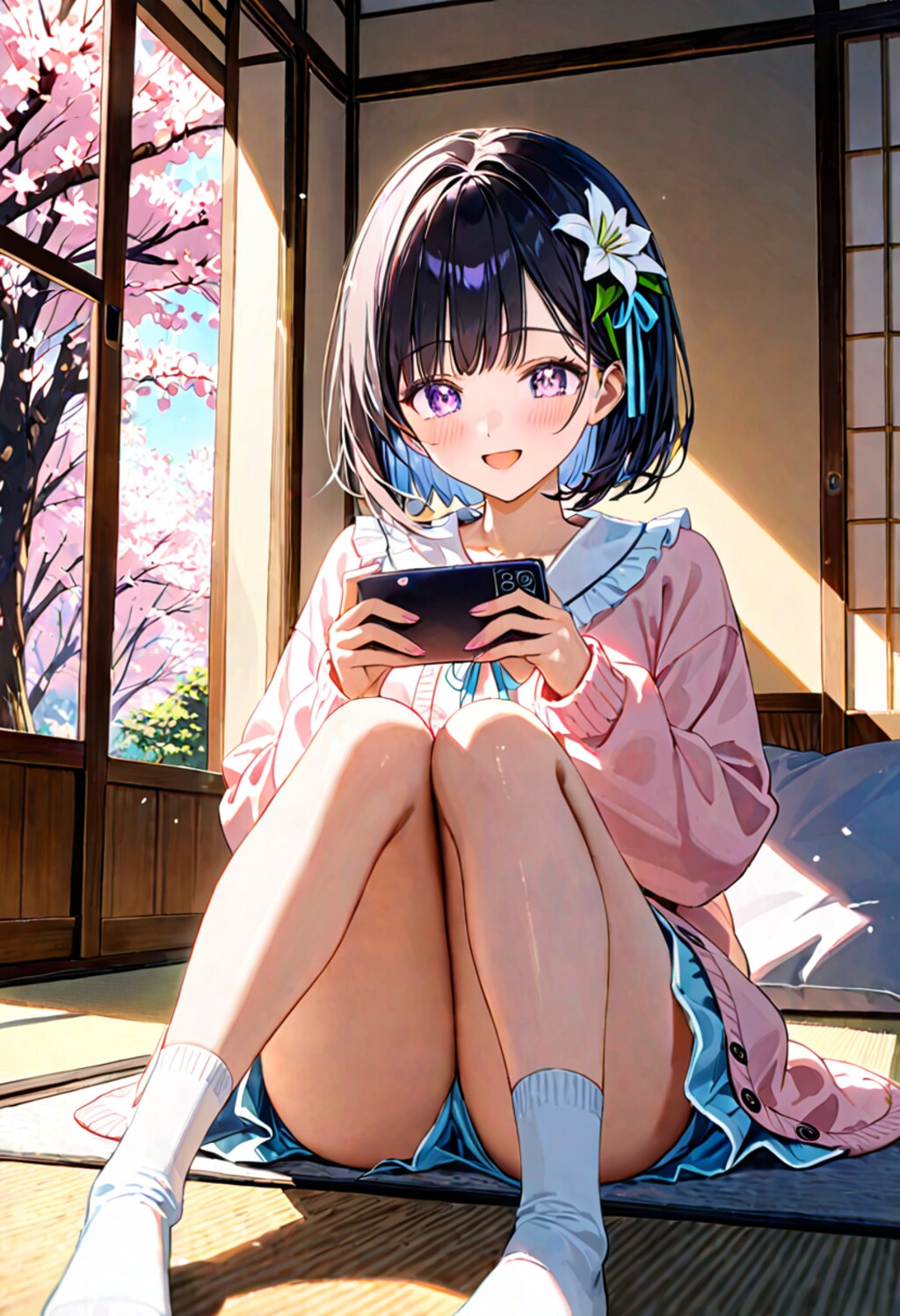 夕暮れの公園でスマホをいじるひまり