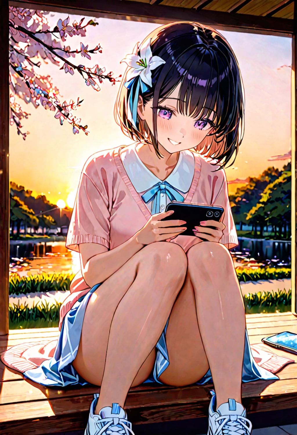夕暮れの公園でスマホをいじるひまり