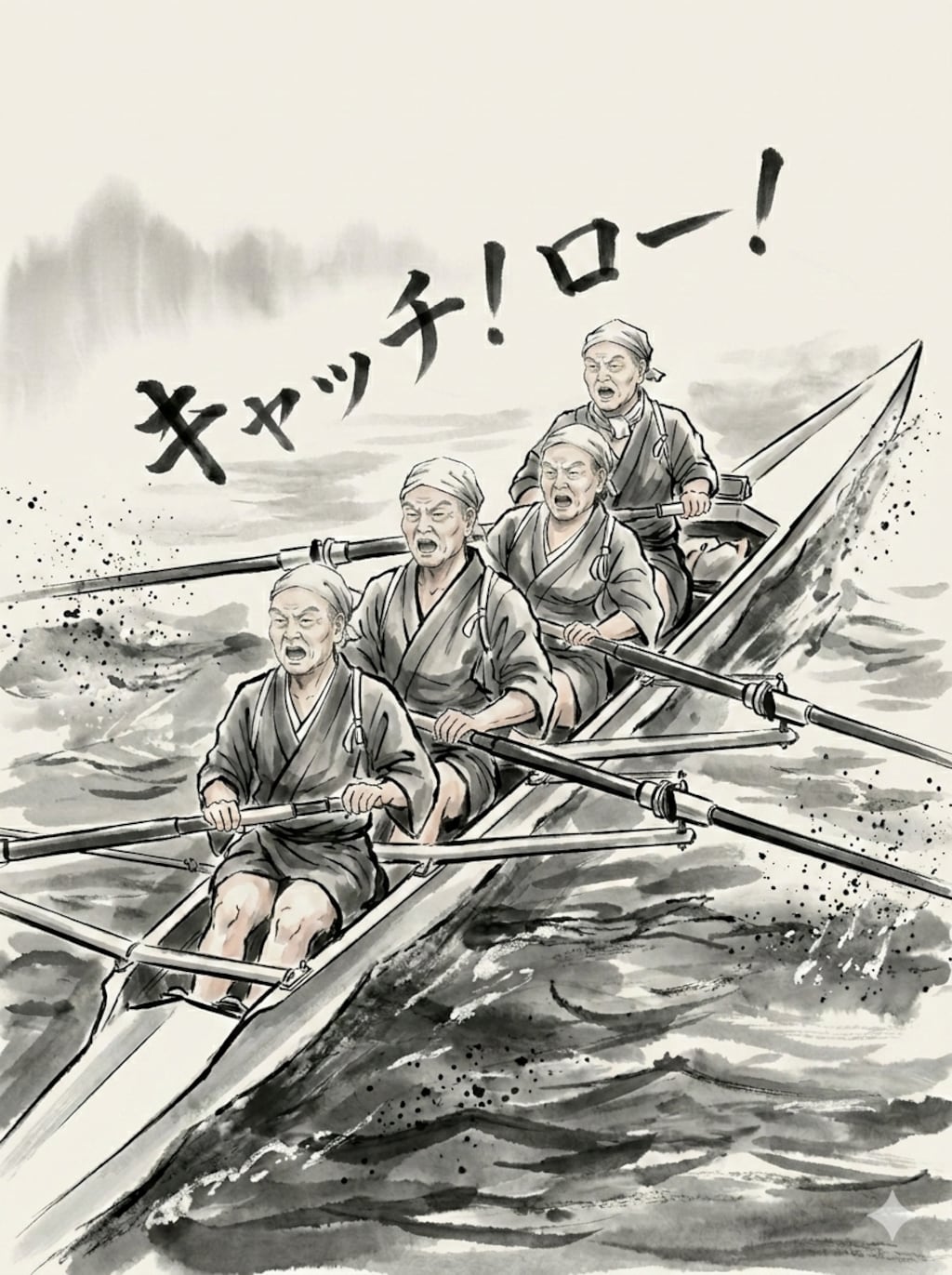 競技用ボートを漕ぐ4人の鴨長明