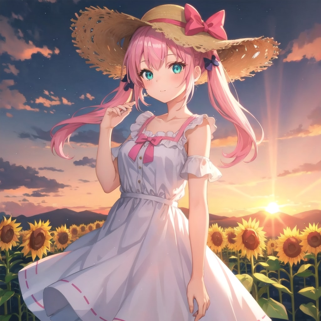 夕日のひまわり畑