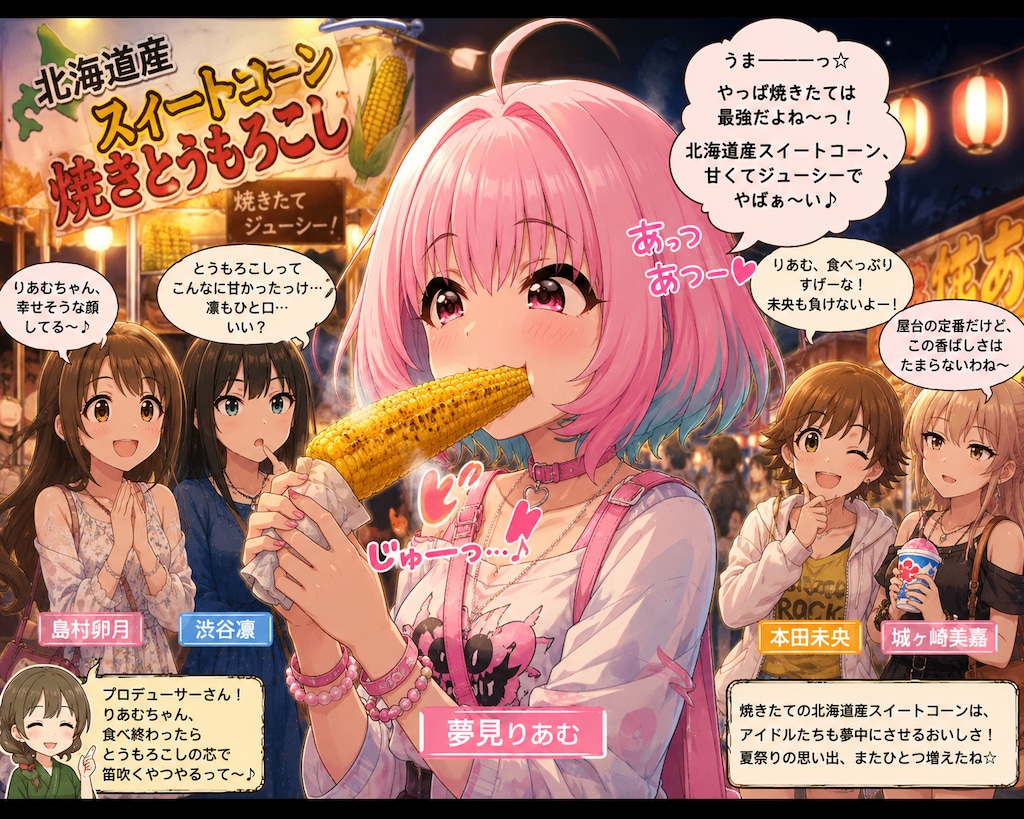 屋台の焼きトウモロコシを美味しそうに食べている夢見りあむ