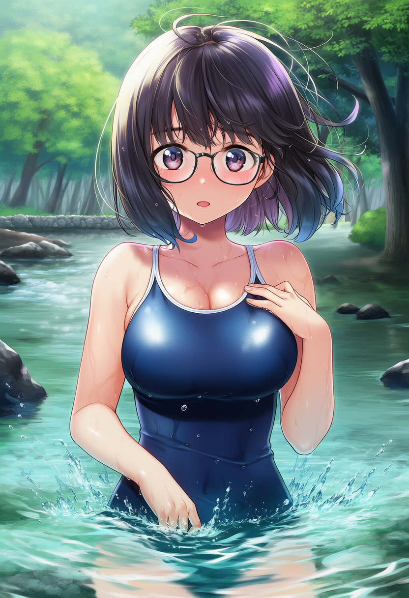 川・スク水・メガネ