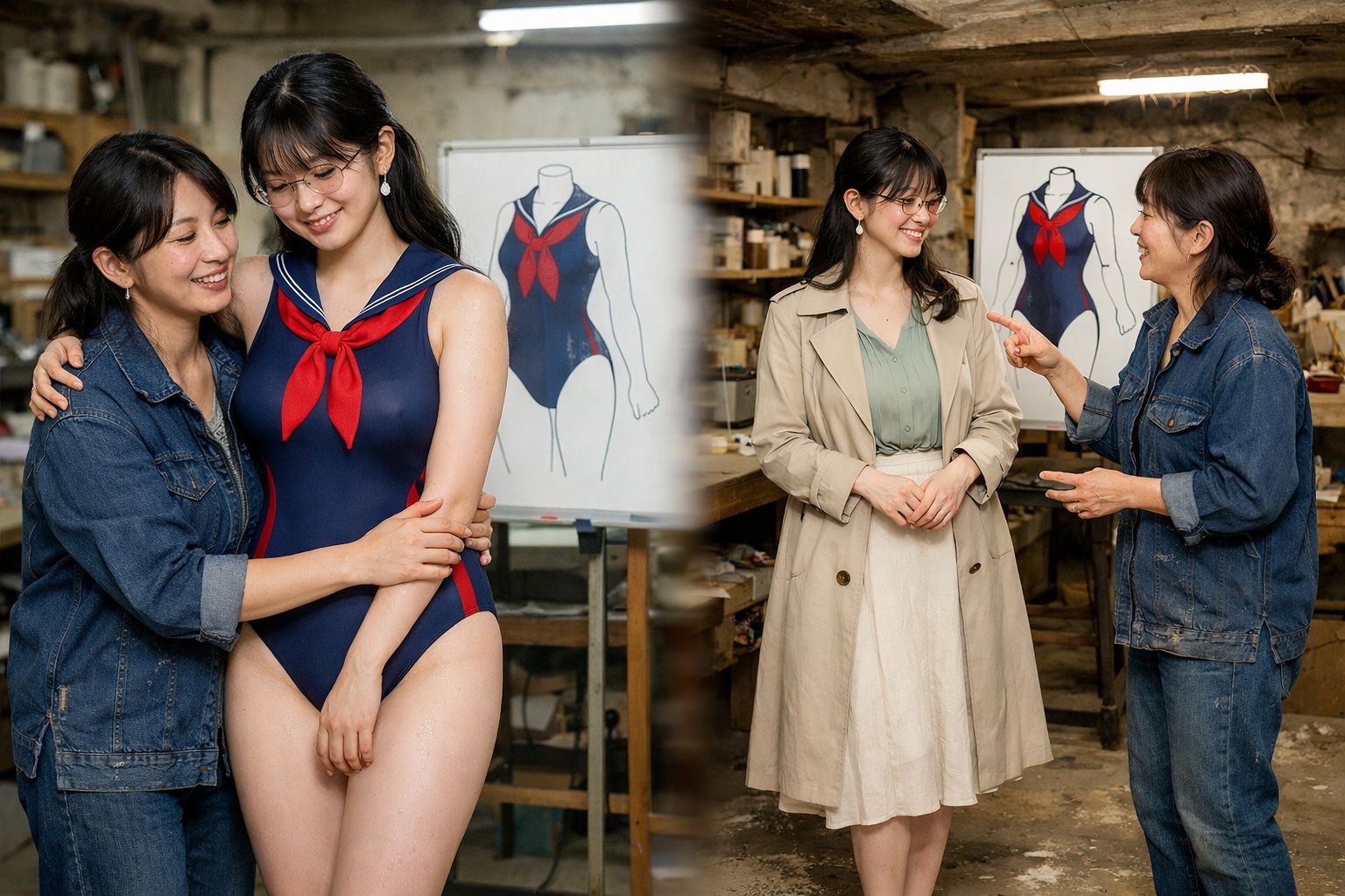 セーラー水着の試着モデルをする内気な女子