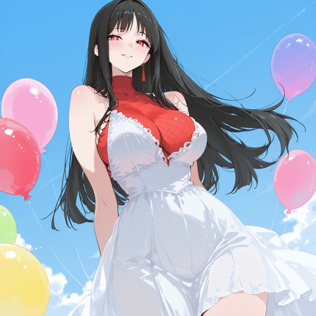 いっぱい色とりどりの風船を持つ黒髪ロングの白いドレス着た美女