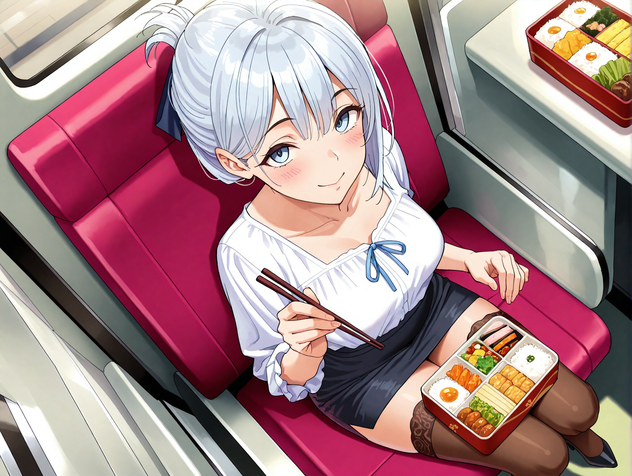 移動中の新幹線の中で駅弁を食べる女上司