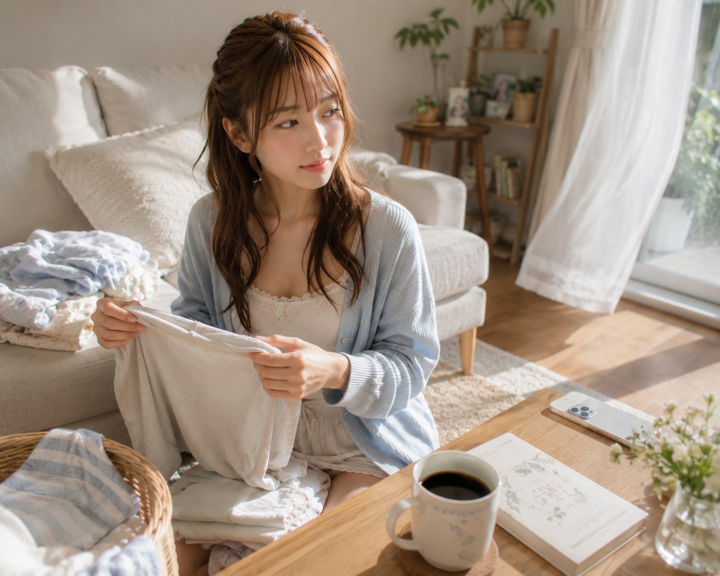 お部屋で洗濯物たたみ中。 | の人気AIイラスト・グラビア