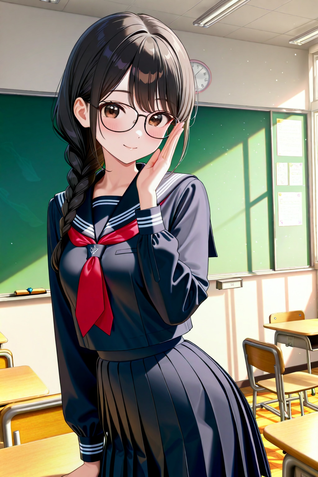 黒セーラーのおさげ眼鏡っ子 | の人気AIイラスト・グラビア