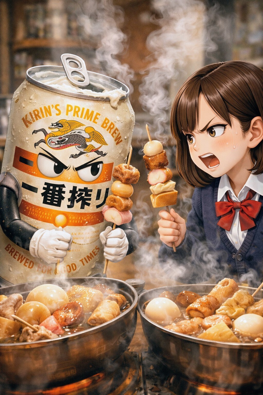 アツアツおでん＆チョリソー食べる一番搾りくん | の人気AIイラスト・グラビア