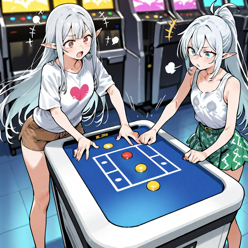 ゲーセンで何かを対戦している銀髪エルフの女の子達