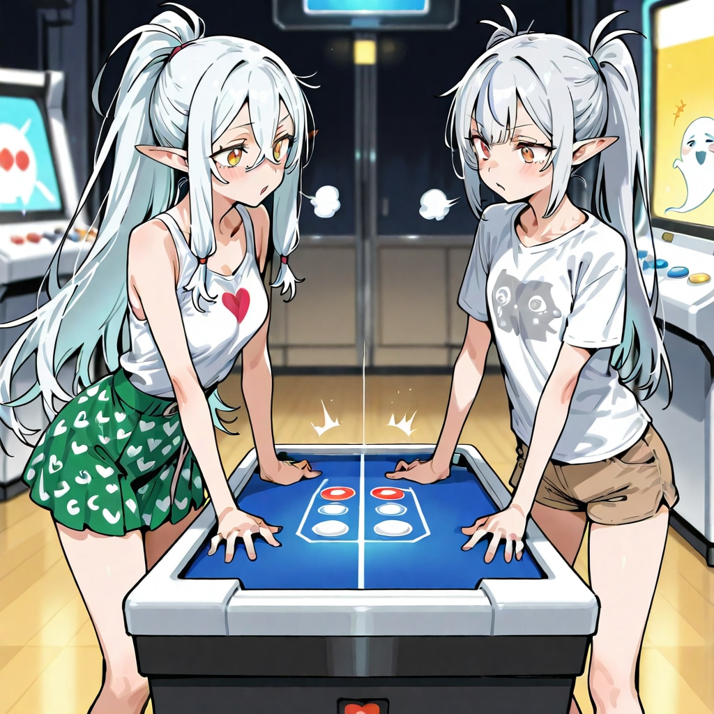 ゲーセンで何かを対戦している銀髪エルフの女の子達