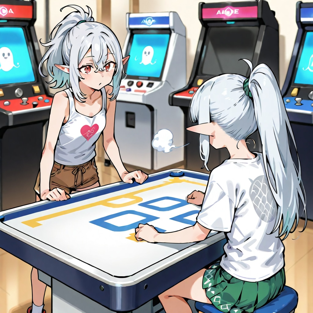ゲーセンで何かを対戦している銀髪エルフの女の子達