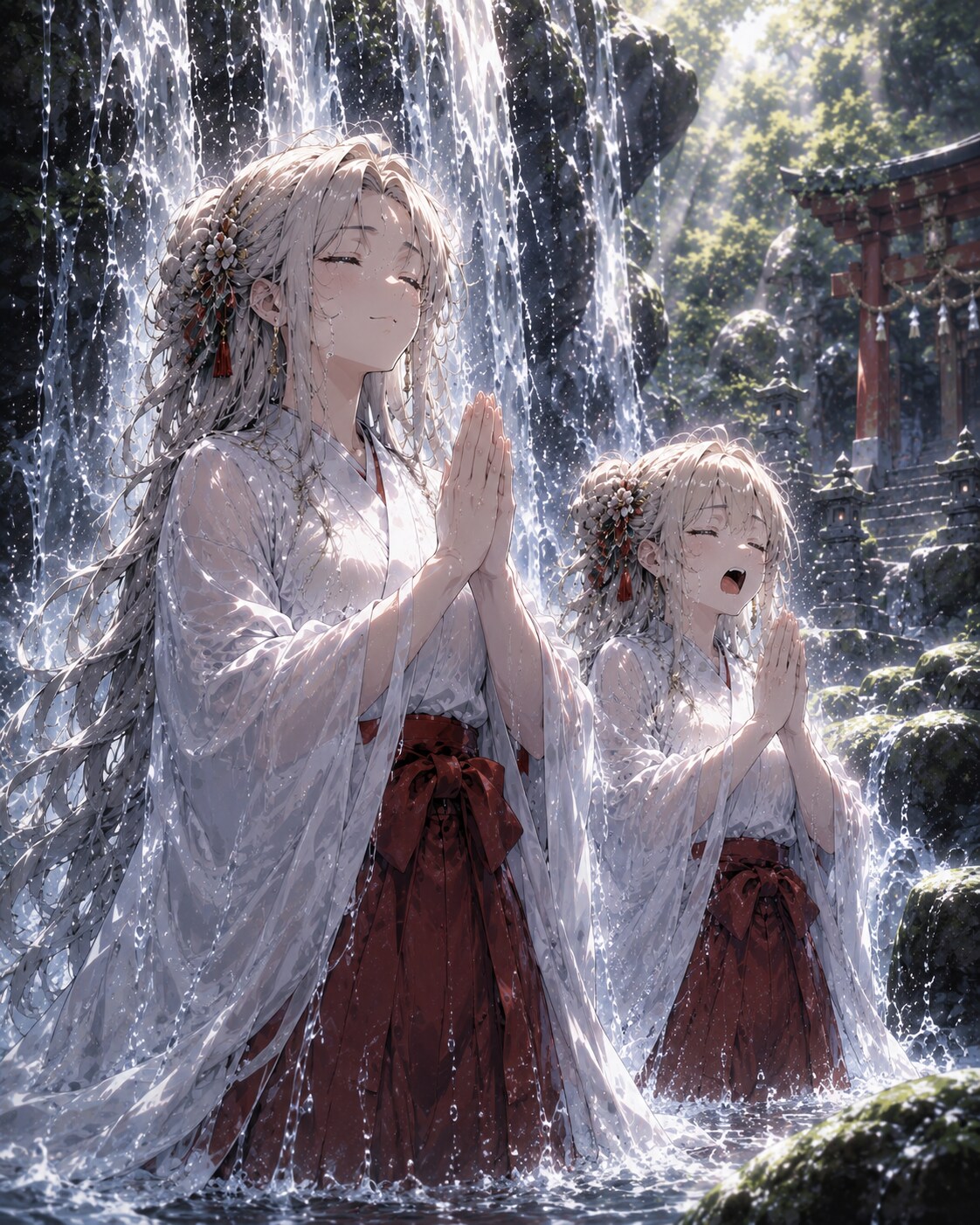 白蓮神社の狛犬巫女　滝行中母娘