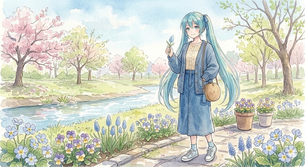 水彩画ミクさん　青空とデニムと春のメロディ