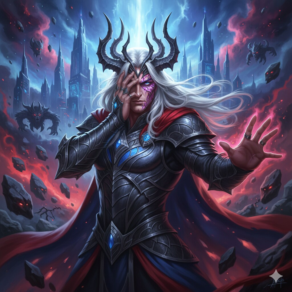 [5枚] 彼の者、世界の均衡を司る覇者なり。そは秩序にして混沌、剛胆にして繊細、美醜を併せ持つ神の化身なり。千の王国を沈め万の命を救いし運命を掌に抱く者。（神々の黄昏１４の２）