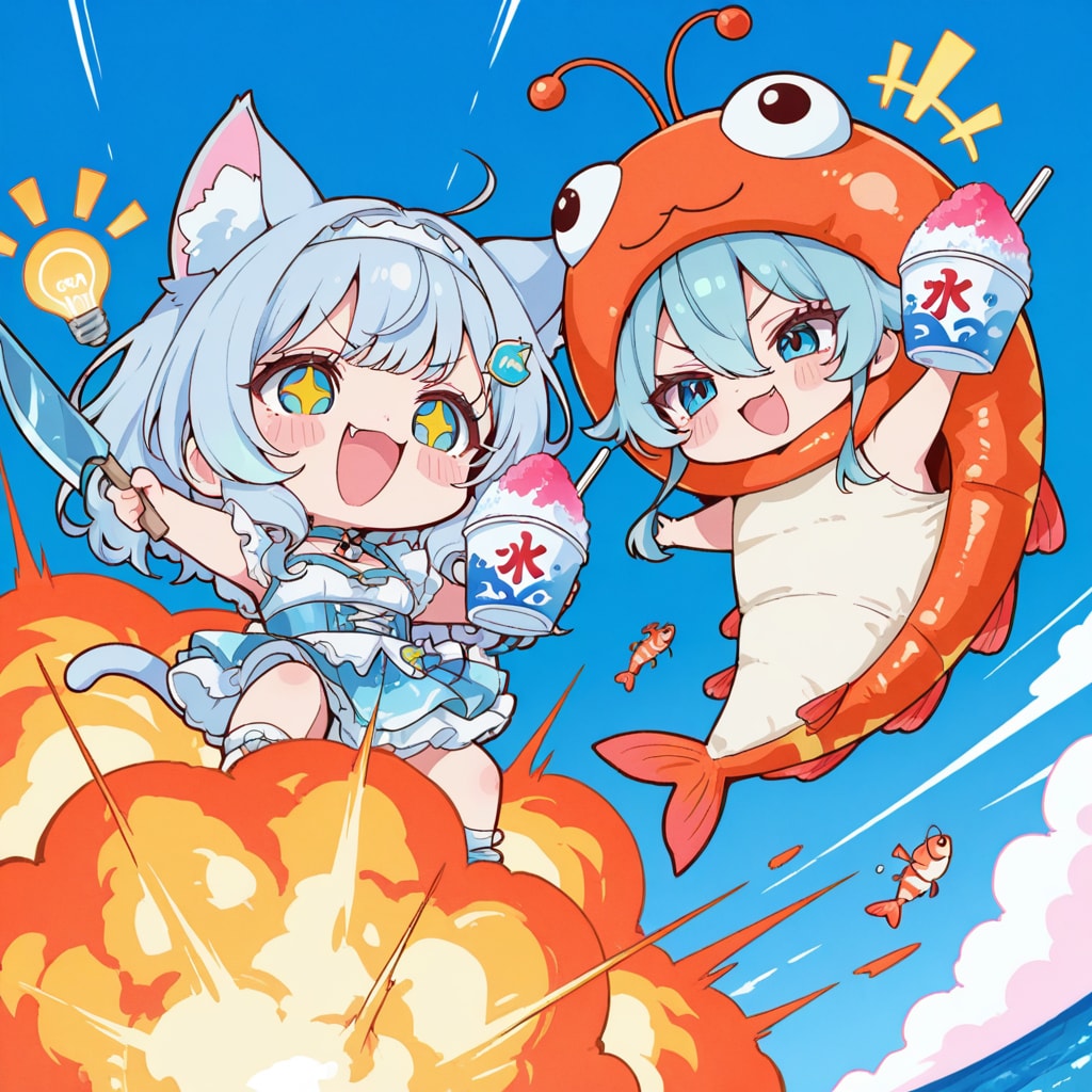 かき氷と🦐の水色髪ちゃん