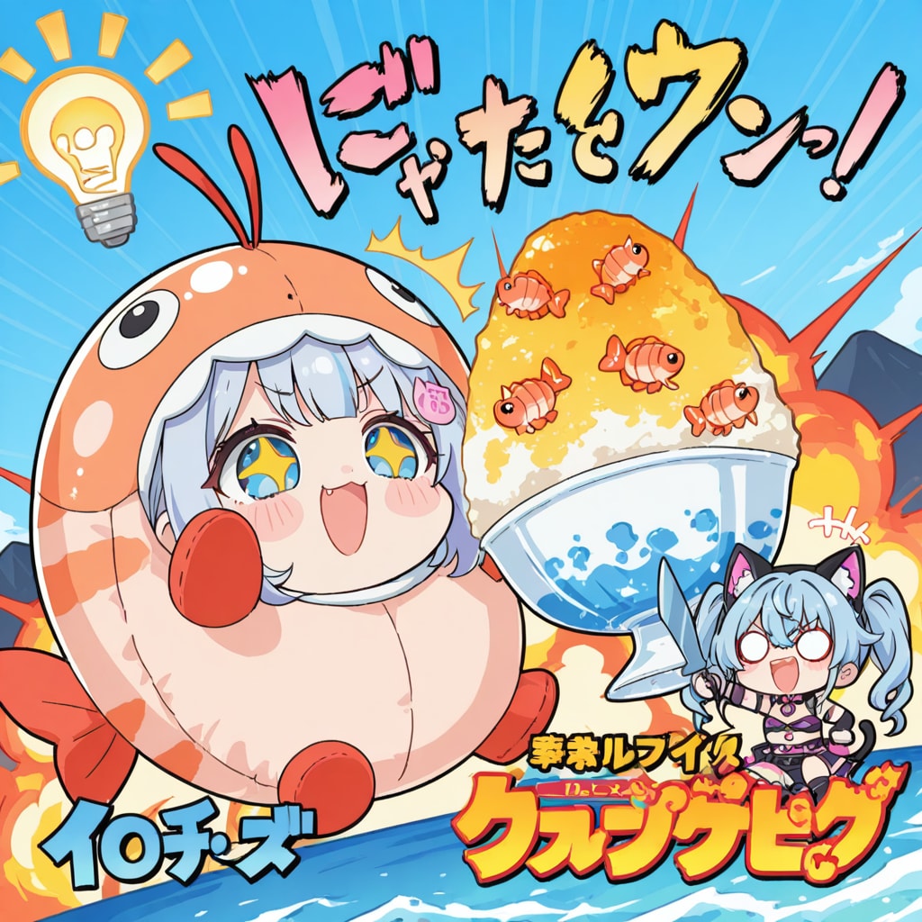 かき氷と🦐の水色髪ちゃん