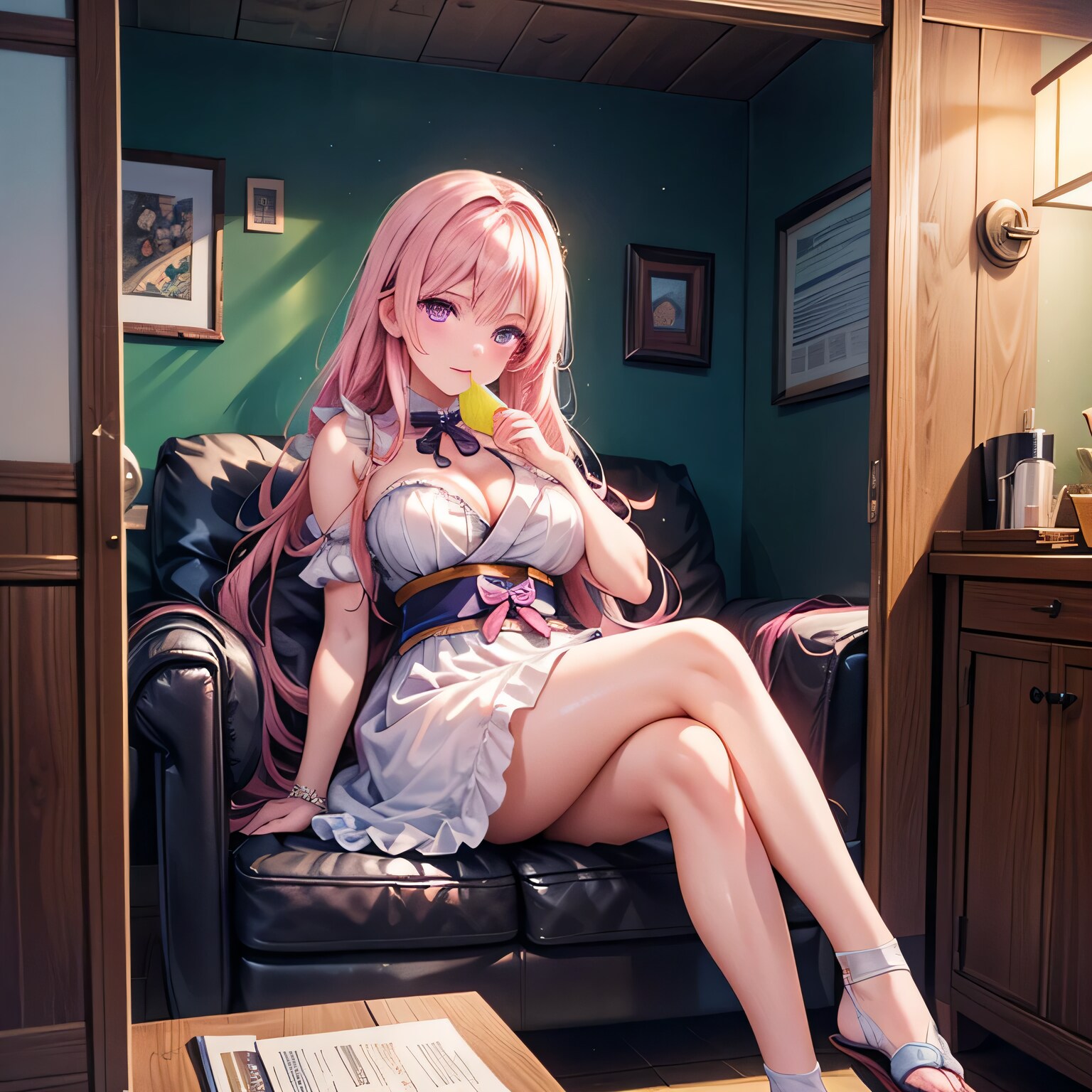 ピンク髪ロングで漫画喫茶の少女３ | の人気AIイラスト・グラビア