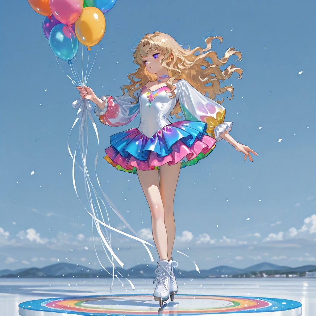 色とりどりの風船を持つブロンドロングウェーブヘアのフィギュアスケート選手の美女 | の人気AIイラスト・グラビア