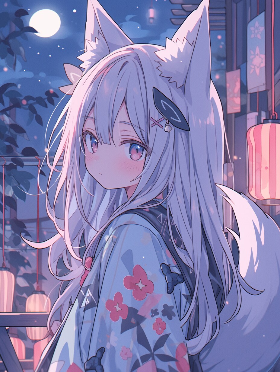 月明かりの夜に微笑む白狐の少女 | の人気AIイラスト・グラビア