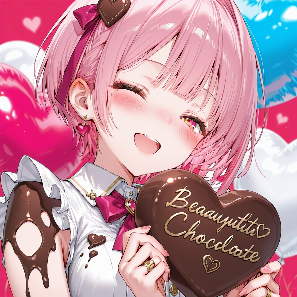 色とりどりのハート風船を持つハート型チョコレートを持つピンク髪ショートカットの美少女 | の人気AIイラスト・グラビア