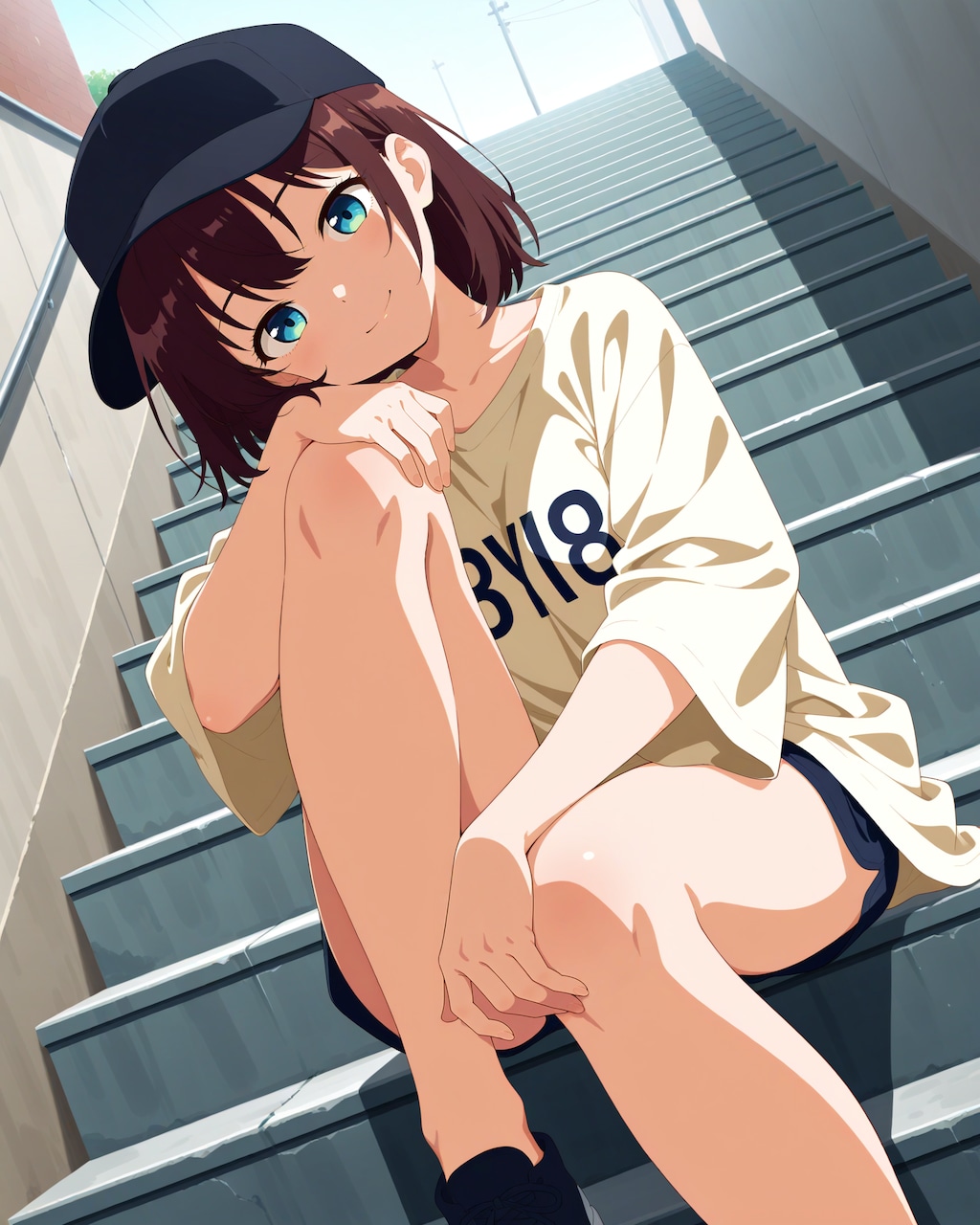 階段に座るストリート系女子