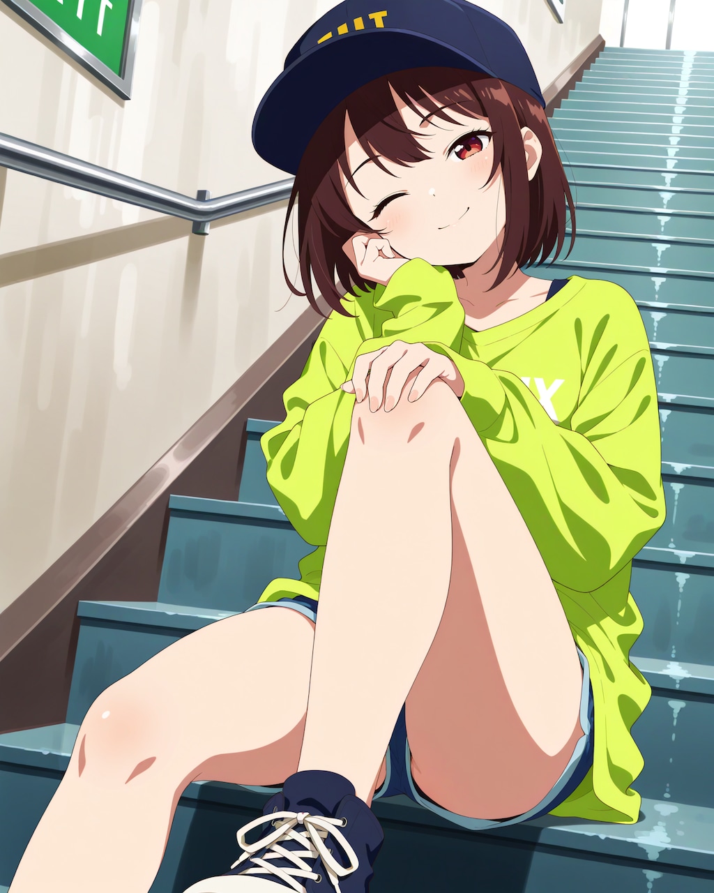 階段に座るストリート系女子