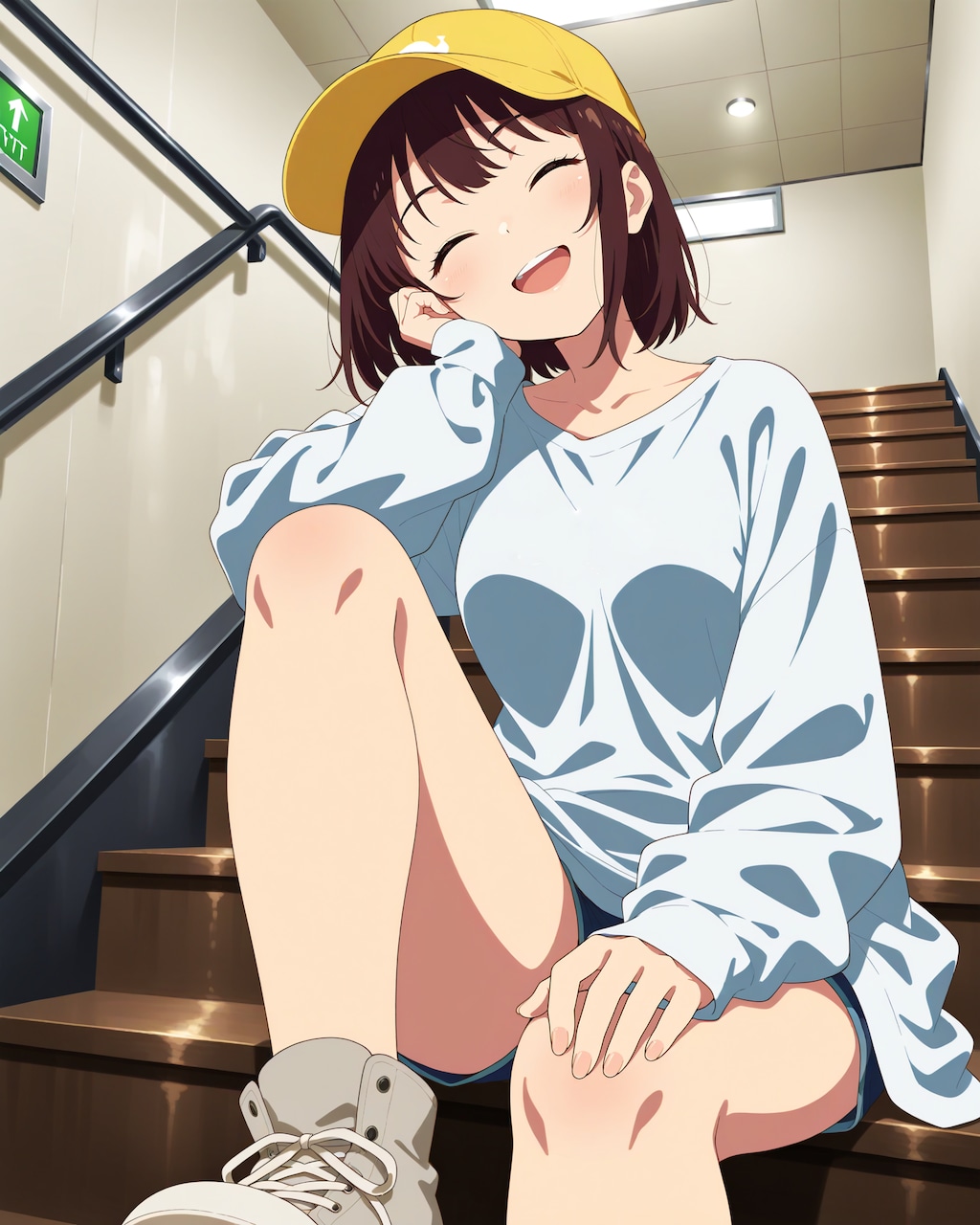 階段に座るストリート系女子