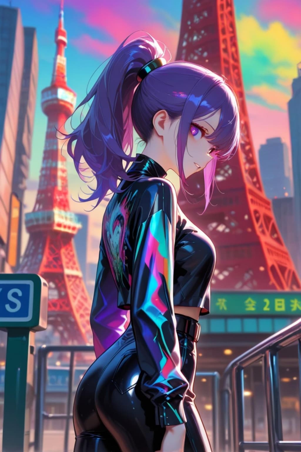 東京タワーと紫髪ちゃん